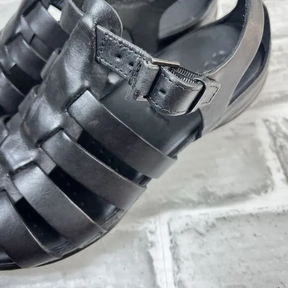 ECCO Flash Black Leather Adjustable T-Strap Flat Sandals Women's EU 38/US 7-7.5