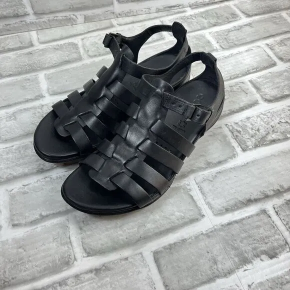 ECCO Flash Black Leather Adjustable T-Strap Flat Sandals Women's EU 38/US 7-7.5