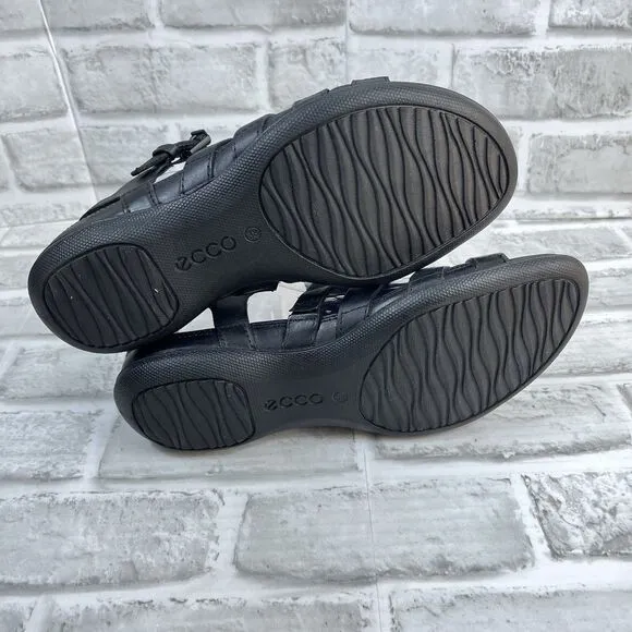 ECCO Flash Black Leather Adjustable T-Strap Flat Sandals Women's EU 38/US 7-7.5
