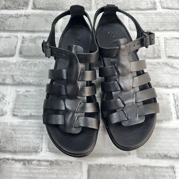 ECCO Flash Black Leather Adjustable T-Strap Flat Sandals Women's EU 38/US 7-7.5