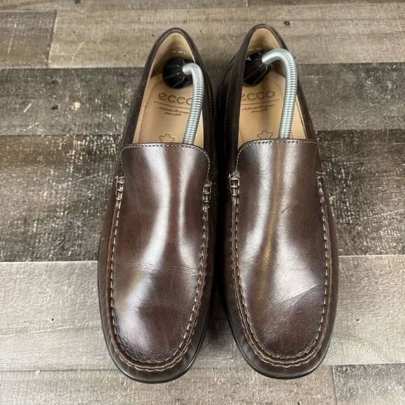 Ecco Men Size 44 US 11 Classic Moc Loafers Coffee Brown Leather Driving Shoes