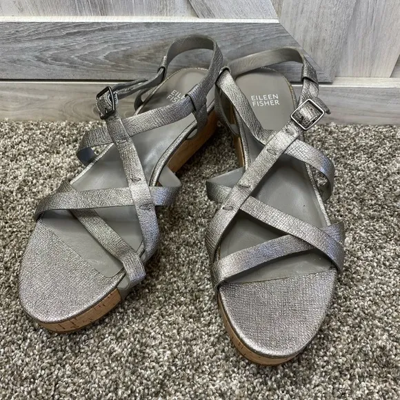 Eileen Fisher “Array” Strappy Cork Wedge Sandal 8