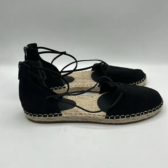Eileen Fisher Black Lace Up Leather Espadrille Flat Sandals Size 7.5 New!