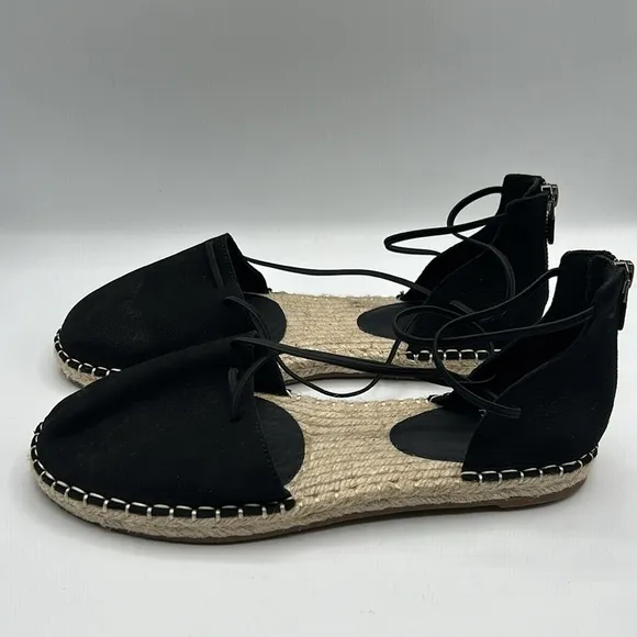 Eileen Fisher Black Lace Up Leather Espadrille Flat Sandals Size 7.5 New!
