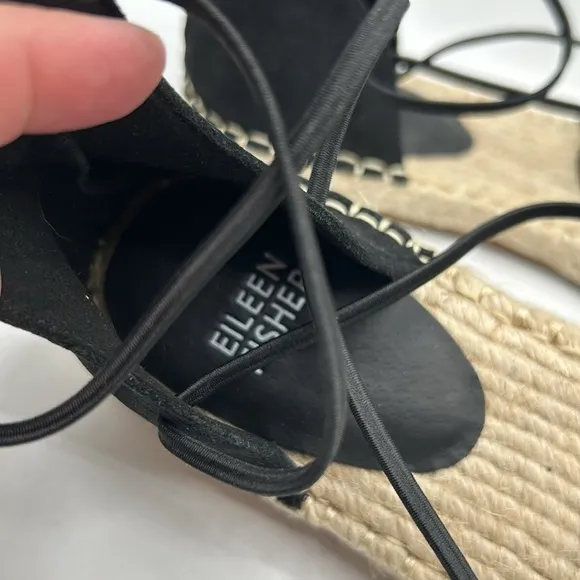 Eileen Fisher Black Lace Up Leather Espadrille Flat Sandals Size 7.5 New!