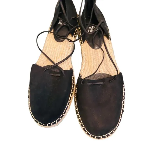 EILEEN FISHER Leather Elastic Lace Up D’Orsay Espadrilles Flat Black