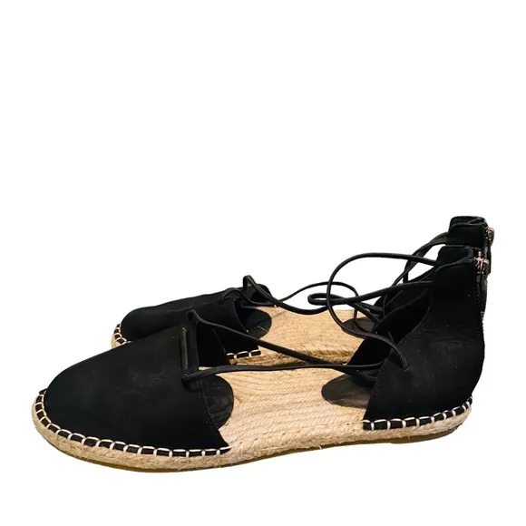 EILEEN FISHER Leather Elastic Lace Up D’Orsay Espadrilles Flat Black