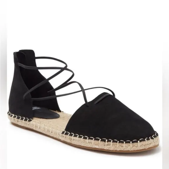 EILEEN FISHER Leather Elastic Lace Up D’Orsay Espadrilles Flat Black