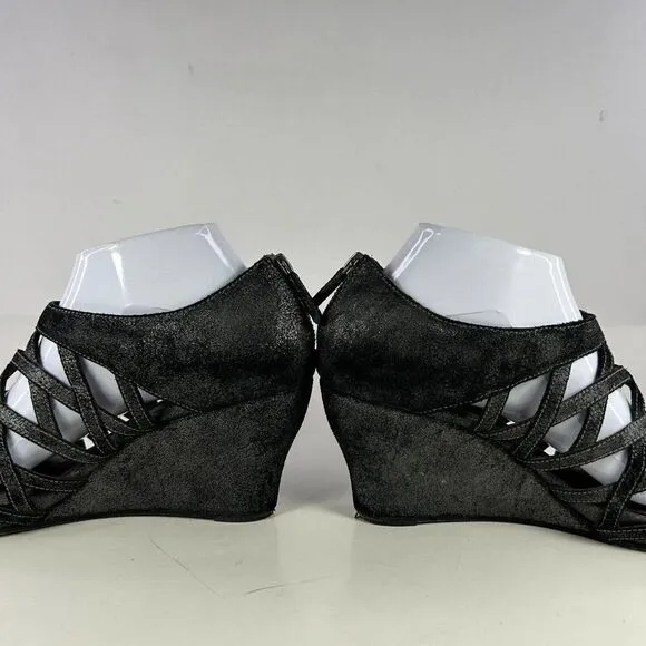 Eileen Fisher Women's Oodle Caged Sandals US 8.5 Black Strappy Wedge Open-Toe