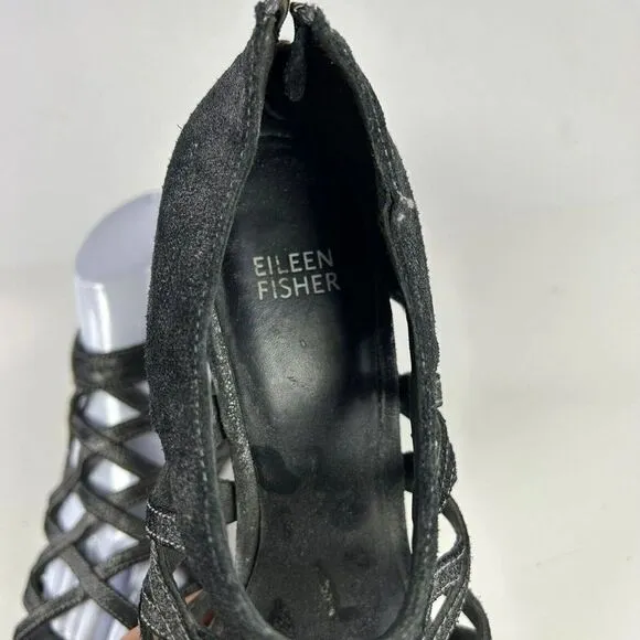 Eileen Fisher Women's Oodle Caged Sandals US 8.5 Black Strappy Wedge Open-Toe