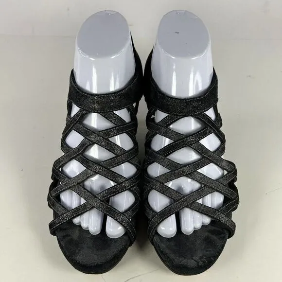 Eileen Fisher Women's Oodle Caged Sandals US 8.5 Black Strappy Wedge Open-Toe