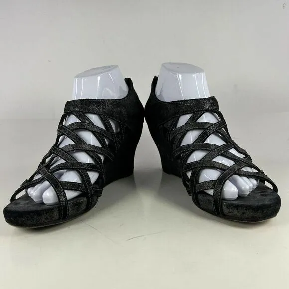 Eileen Fisher Women's Oodle Caged Sandals US 8.5 Black Strappy Wedge Open-Toe