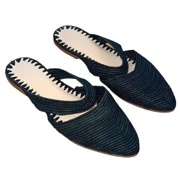 Emerson Fry Womens Raffia Woven Slide Close Toe Mule Flats Black Size 8