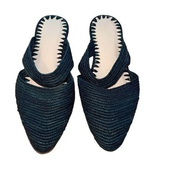 Emerson Fry Womens Raffia Woven Slide Close Toe Mule Flats Black Size 8