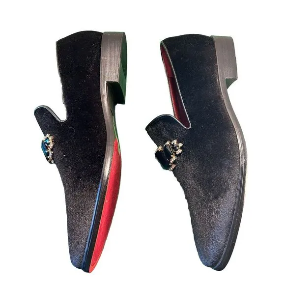 Enzo Romeo Vintage Plain‎ Rhinestone Velvet Black Dress Loafers, Size 8.5