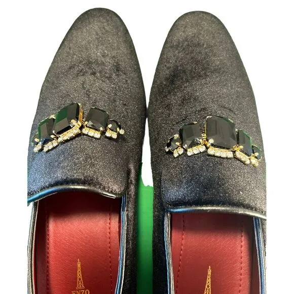 Enzo Romeo Vintage Plain‎ Rhinestone Velvet Black Dress Loafers, Size 8.5