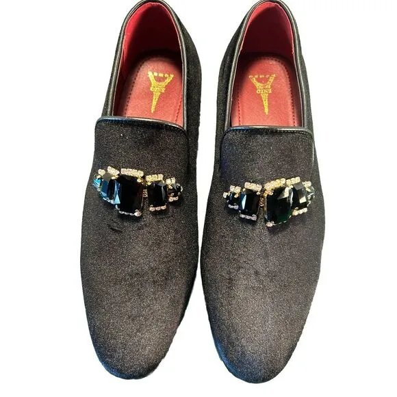 Enzo Romeo Vintage Plain‎ Rhinestone Velvet Black Dress Loafers, Size 8.5