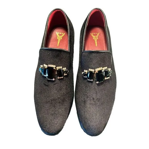 Enzo Romeo Vintage Plain‎ Rhinestone Velvet Black Dress Loafers, Size 8.5