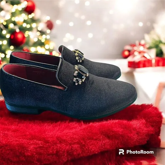 Enzo Romeo Vintage Plain‎ Rhinestone Velvet Black Dress Loafers, Size 8.5