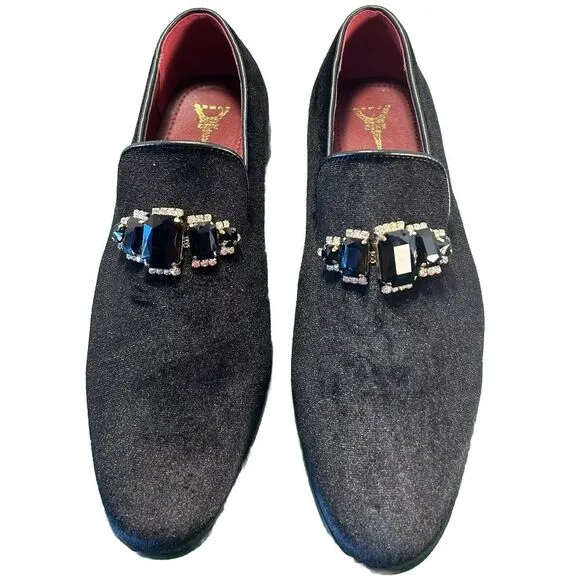 Enzo Romeo Vintage Plain‎ Rhinestone Velvet Black Dress Loafers, Size 8.5