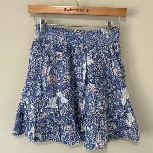 Evereve Sundry Floral Flounce Skirt Ruffle Chambray Blue Pink Sz 0 US XS NEW