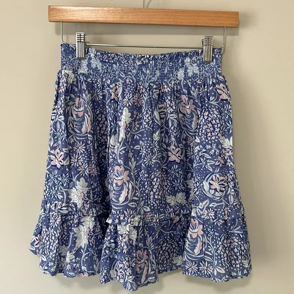 Evereve Sundry Floral Flounce Skirt Ruffle Chambray Blue Pink Sz 0 US XS NEW