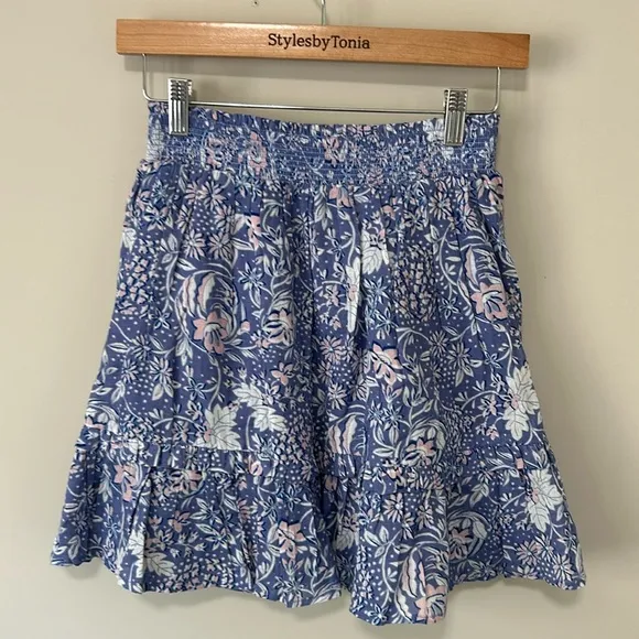 Evereve Sundry Floral Flounce Skirt Ruffle Chambray Blue Pink Sz 0 US XS NEW