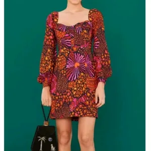 Farm Rio Leopard Hearts Long Sleeve Mini Dress Size XS Sweetheart Neckline
