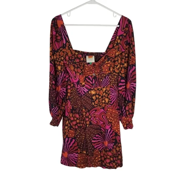 Farm Rio Leopard Hearts Long Sleeve Mini Dress Size XS Sweetheart Neckline