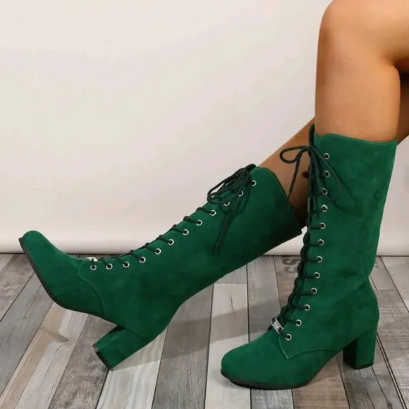 Fashionable Comfortable Green Round Toe Velvet Lace-Up Booties