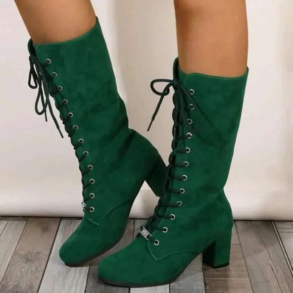 Fashionable Comfortable Green Round Toe Velvet Lace-Up Booties