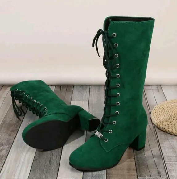 Fashionable Comfortable Green Round Toe Velvet Lace-Up Booties