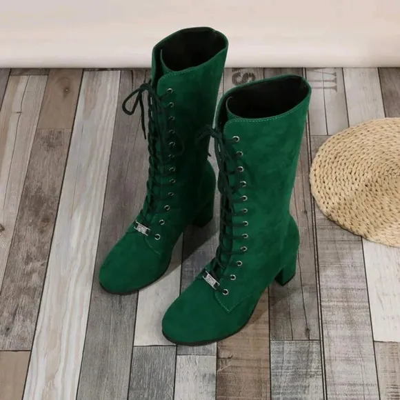 Fashionable Comfortable Green Round Toe Velvet Lace-Up Booties