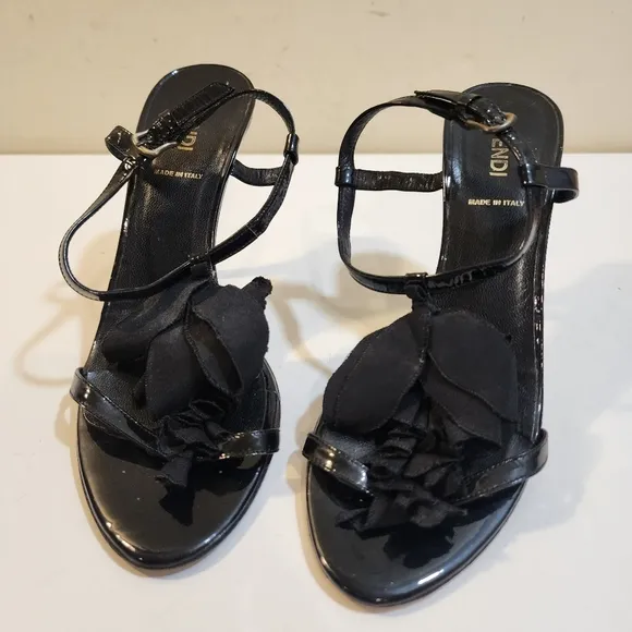 FENDI Vintage Black Patent leather Stilletos Strappy Sandals size 36.5 M