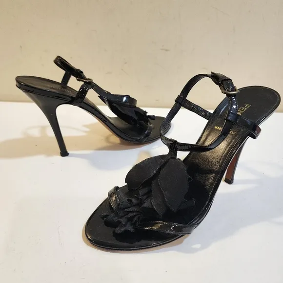 FENDI Vintage Black Patent leather Stilletos Strappy Sandals size 36.5 M