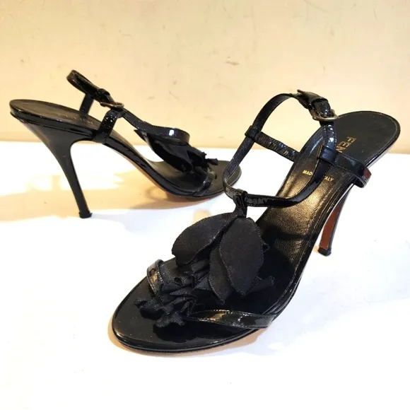 FENDI Vintage Black Patent leather Stilletos Strappy Sandals size 36.5 M