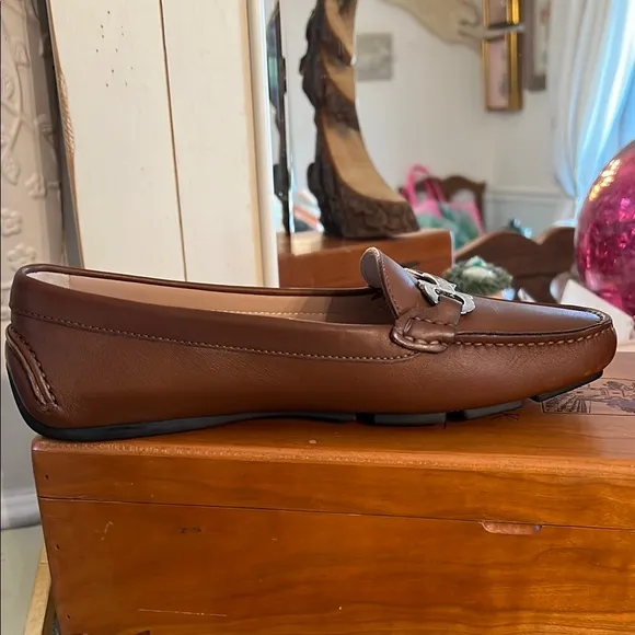Ferragamo Brown Leather Driving Loafers with Silver Buckle NWOT