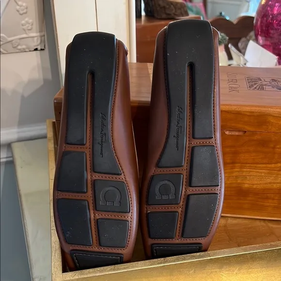 Ferragamo Brown Leather Driving Loafers with Silver Buckle NWOT