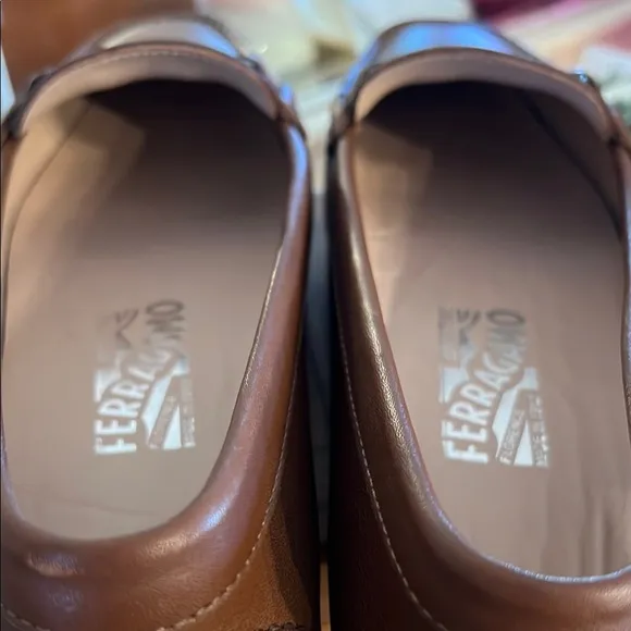 Ferragamo Brown Leather Driving Loafers with Silver Buckle NWOT