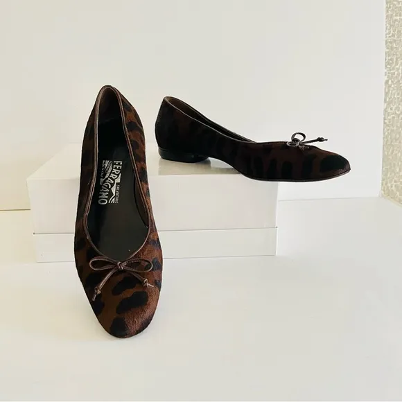 Ferragamo brown ponyhair animal print ballet flats 7.5