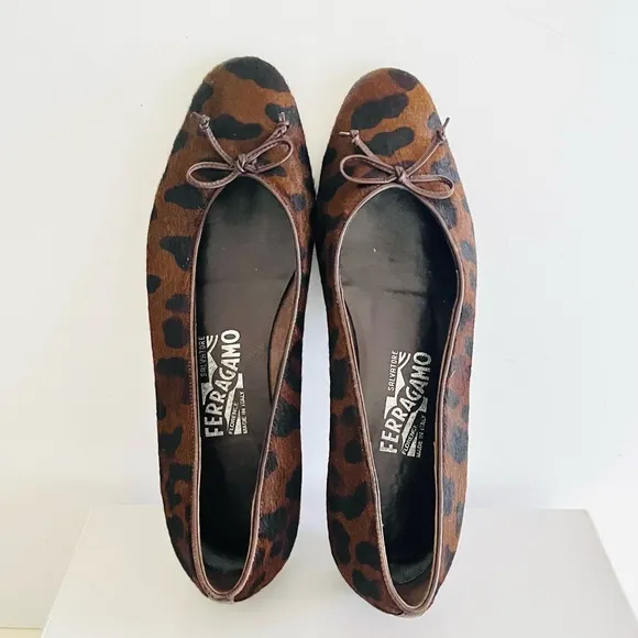 Ferragamo brown ponyhair animal print ballet flats 7.5