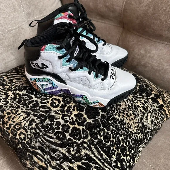Fila White and Black High-Top Sneakers with Multicolor Accents