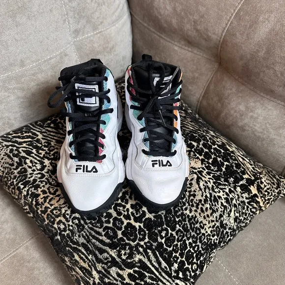 Fila White and Black High-Top Sneakers with Multicolor Accents