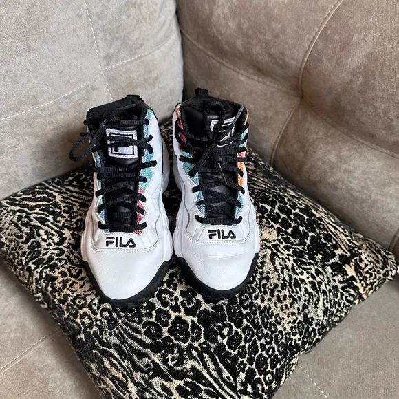 Fila White and Black High-Top Sneakers with Multicolor Accents