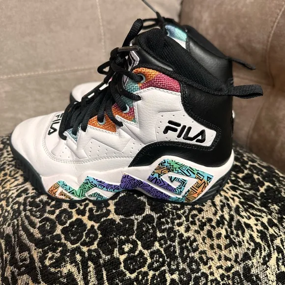 Fila White and Black High-Top Sneakers with Multicolor Accents