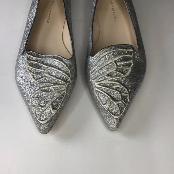 FLAWED Sophia Webster Silver Glitter Bibi Butterfly Flats Size EU 40.