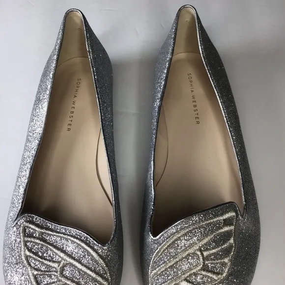 FLAWED Sophia Webster Silver Glitter Bibi Butterfly Flats Size EU 40.
