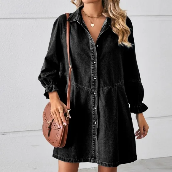 Flounce Dream Mini Denim Dress - Black