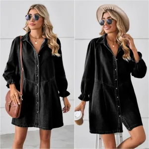 Flounce Dream Mini Denim Dress - Black