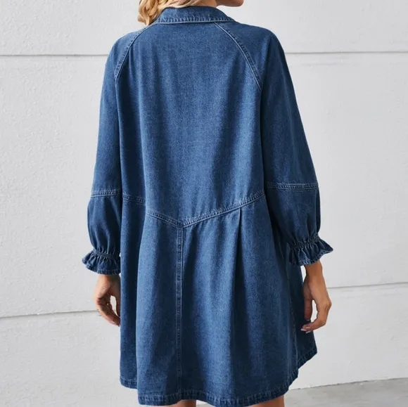 Flounce Dream Mini Denim Dress - Medium Blue